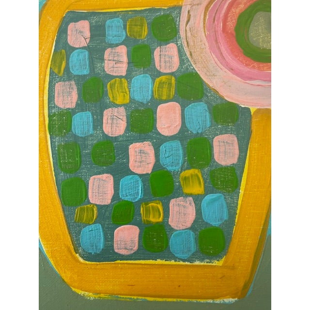 Blue Large Colorful Abstract Floral Painting – Patterned Vase Floral Still Life For Sale - Image 8 of 9