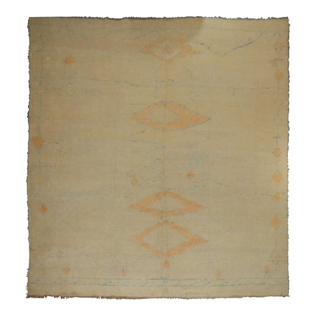 Early 20th Century Zabihi Collection Abstract Oversize Cream Orange Light Turkish Shag Rug For Sale