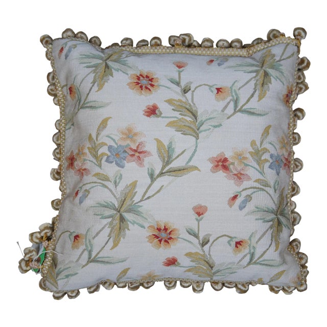 Mid 20th Century Silk Down Filled Floral Embroidered Tassel Lumbar Throw Pillow For Sale