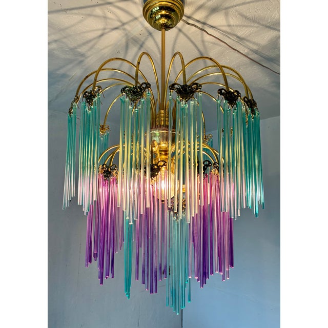 1980s One-of-a-Kind Hand-Painted Spanish Glass Rod Chandelier in Turquoise & Purple – 3 Lights For Sale - Image 11 of 16