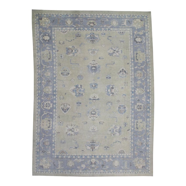 Early 21st Century Green & Blue Floral Design Handwoven Wool Turkish Oushak Rug 10' X 13'11" For Sale