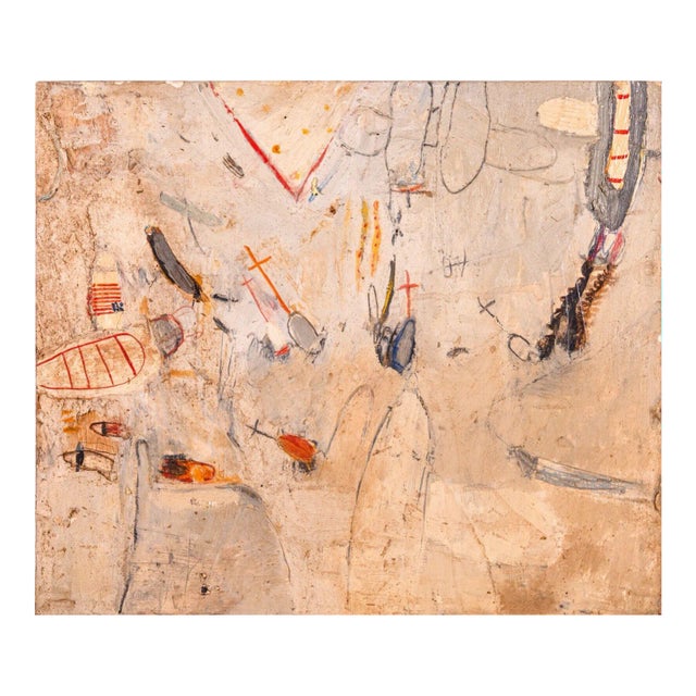 Brenda Goodman War Series Postmodern Abstract Oil Painting on Board 1971 Vintage For Sale