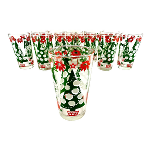 1960s Mid-Century Hazel Atlas Christmas Tree and Poinsettia Glasses, Set of 12