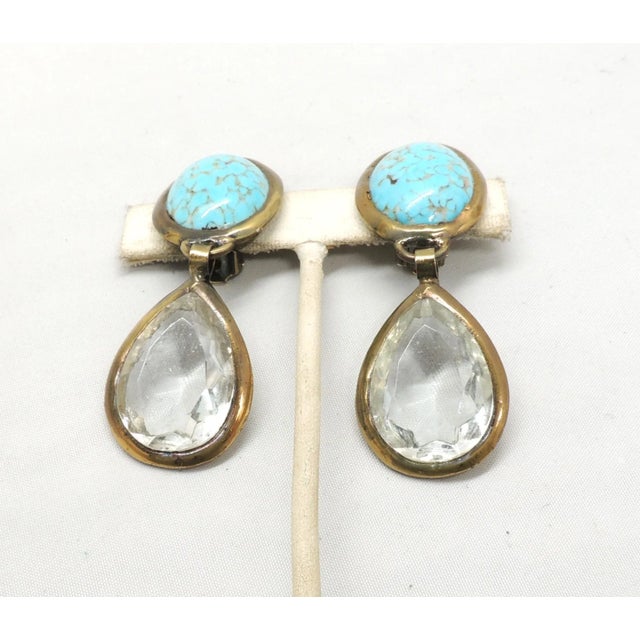 1980s Vintage Signed Pellini Italy Faux-Turquoise Clear Rhinestone Drop Clip Earrings For Sale - Image 5 of 7