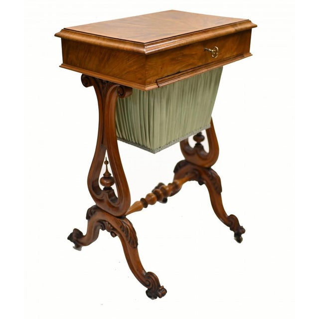 Elegant Victorian sewing table - or work box - in walnut Great patina to the wood Top opens out to reveal all the...