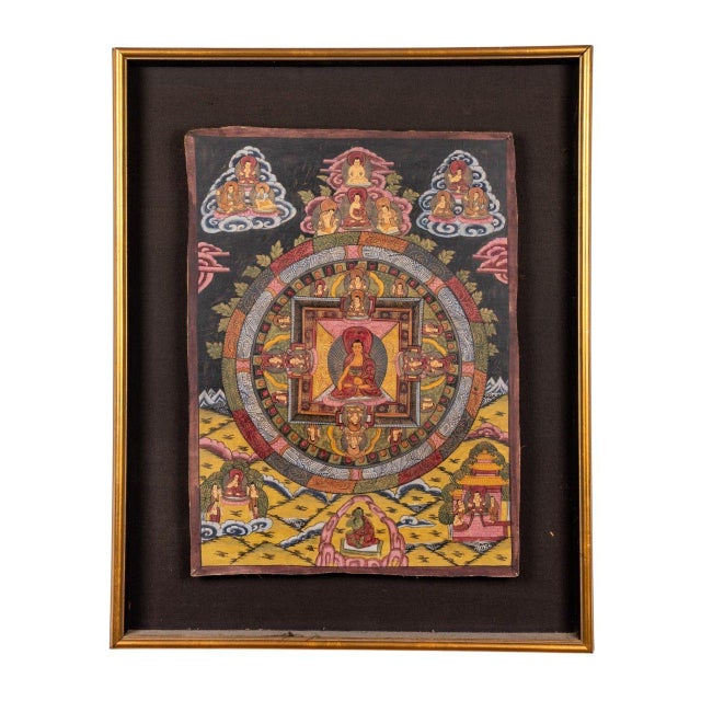 A finely executed 19th-century Tibetan Buddhist thangka depicting a seated meditation Buddha at the center of an elaborate...