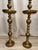 Elevate your space with this spectacular pair of monumental 39-inch vintage Moroccan solid brass floor candlesticks. These...