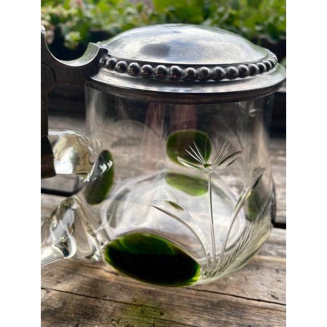 1900 - 1909 Antique German Jugendstil Glass Beer Stein With Green Applied Glass & Pewter Lid, Circa 1900 For Sale - Image 5 of 16