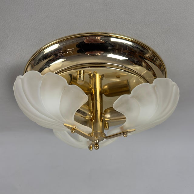 Vintage Ceiling Lamp in Polished Brass Leaves and Satin Glass, 1970s For Sale - Image 4 of 12