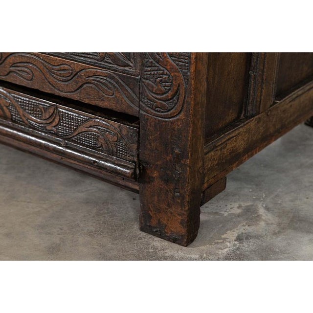 English Carved Oak Mule Chest, 1680 For Sale - Image 11 of 16