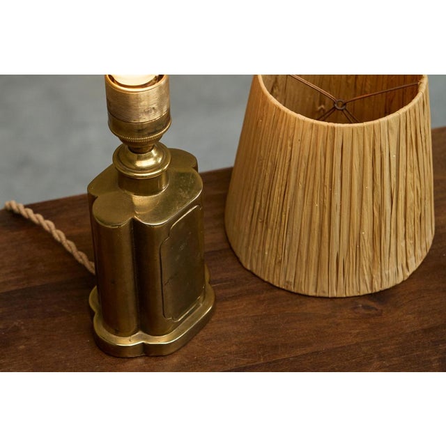 Art Deco Table Lamp in Patinated Brass with Raffia Shade, 1940s For Sale - Image 12 of 13