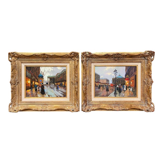 Pair of Mid-Century Paris Street Scenes Paintings by Robert Lebron, Framed For Sale