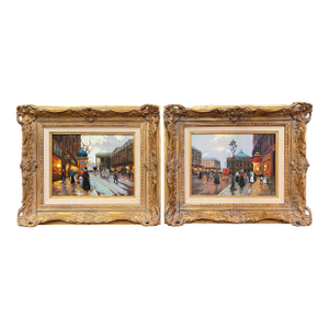 Pair of Mid-Century Paris Street Scenes Paintings by Robert Lebron, Framed