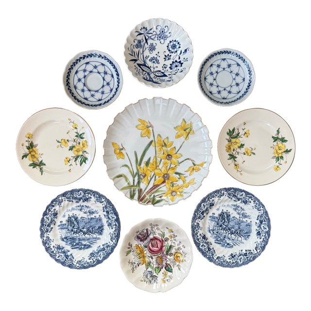Blue and Yellow Antique Wall Plate Decor - Set of 9 For Sale