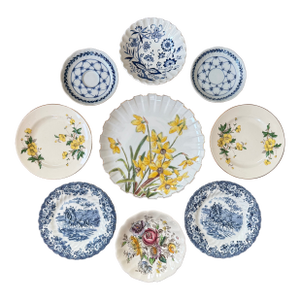 Blue and Yellow Antique Wall Plate Decor - Set of 9