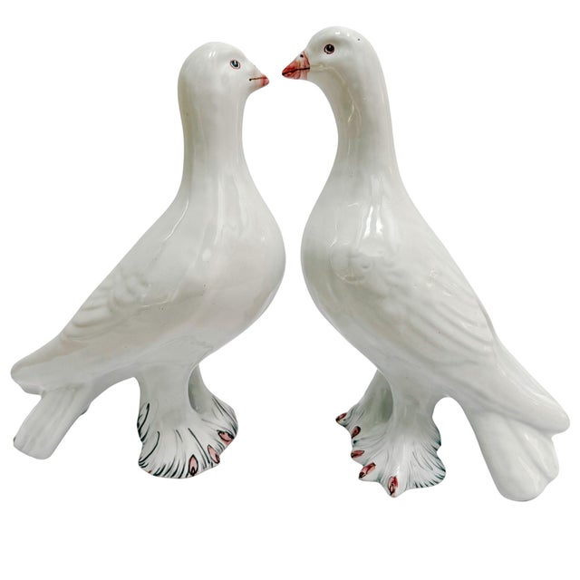 A lovely pair of vintage Italian glazed terracotta dove figurines. Beautifully sculpted with a glossy white glaze, these...