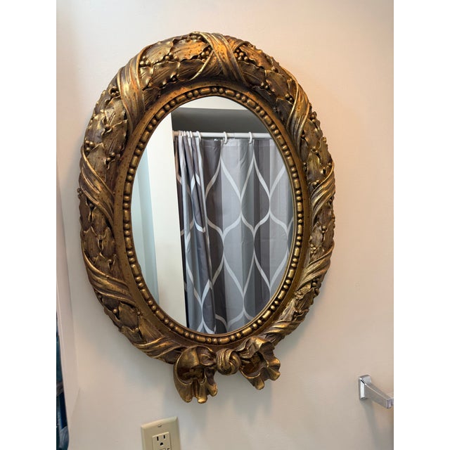 Vintage Style Antique Gold Oval Wall Mirror With Bow For Sale - Image 4 of 4
