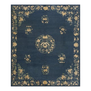 1920s Traditional Blue Medallion Deco Antique Chinese Peking Wool Rug 8'x 9' 6'' For Sale