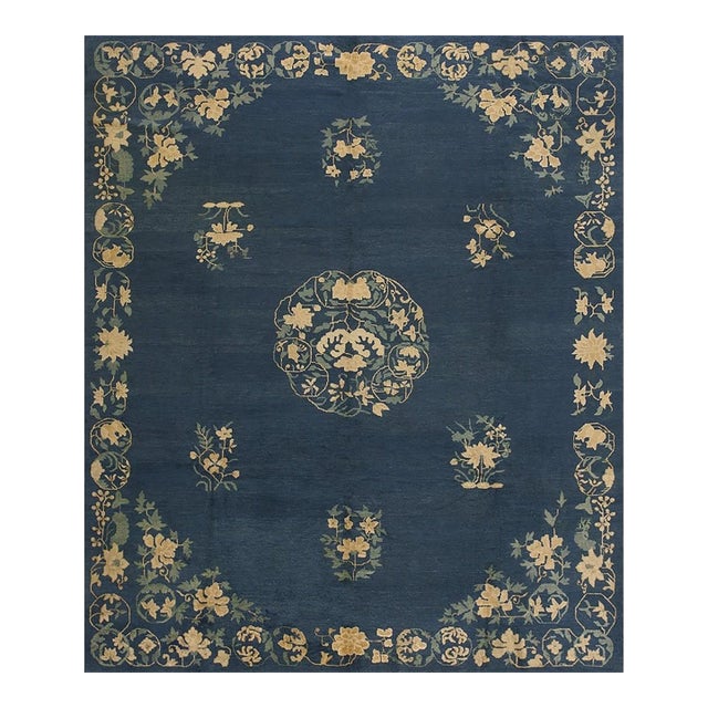1920s Traditional Blue Medallion Deco Antique Chinese Peking Wool Rug 8'x 9' 6'' For Sale