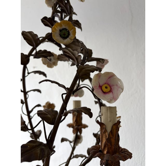 Italian Petit Tole With Porcelain Flowers Polychrome Chandelier, C. 1870 For Sale - Image 9 of 13