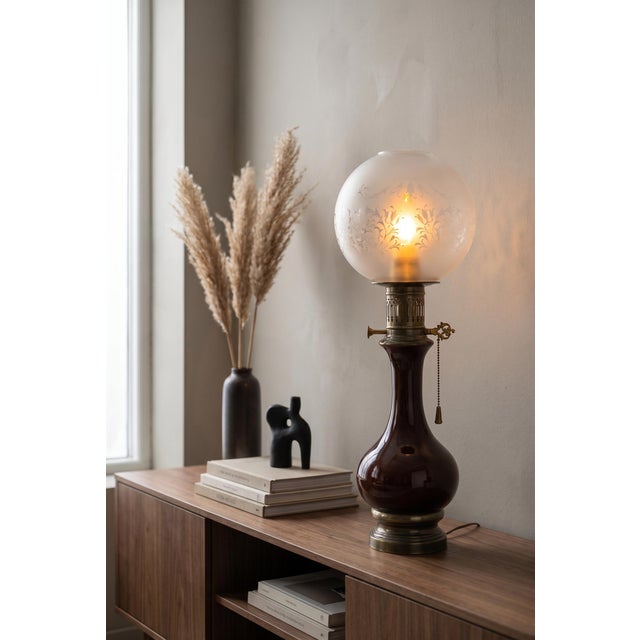 1950s Amber-Brown Glass and Brass Table Lamp with Etched Glass Globe, 1950s For Sale - Image 5 of 18