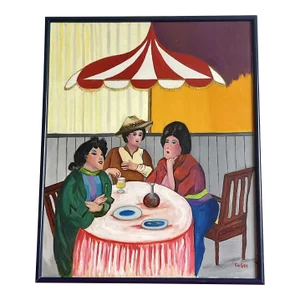 Original Vintage Acrylic Painting on Canvas Signed Ladies Lunch 25” X 31” Framed