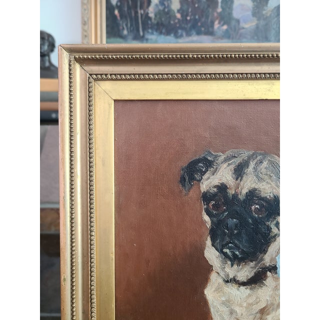 Textile Antique Dog Oil Painting Moody Portrait of a Pug For Sale - Image 7 of 12