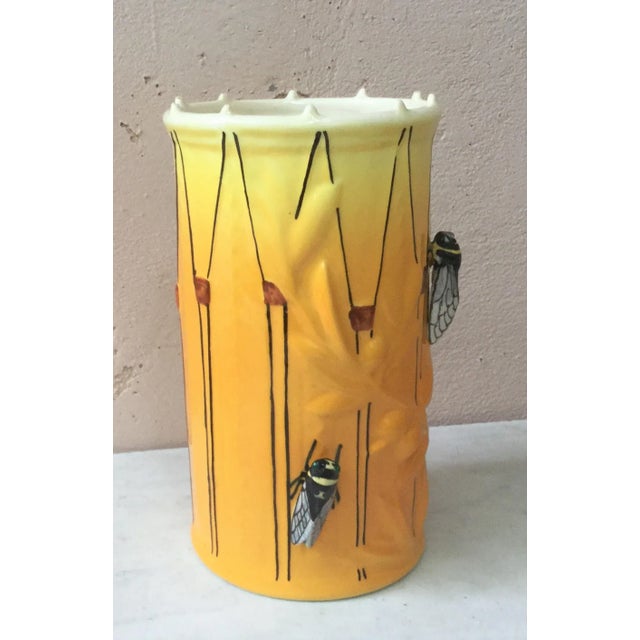 Large Majolica drum vase with cicadas signed Sicard circa 1950. From South of France (Provence)