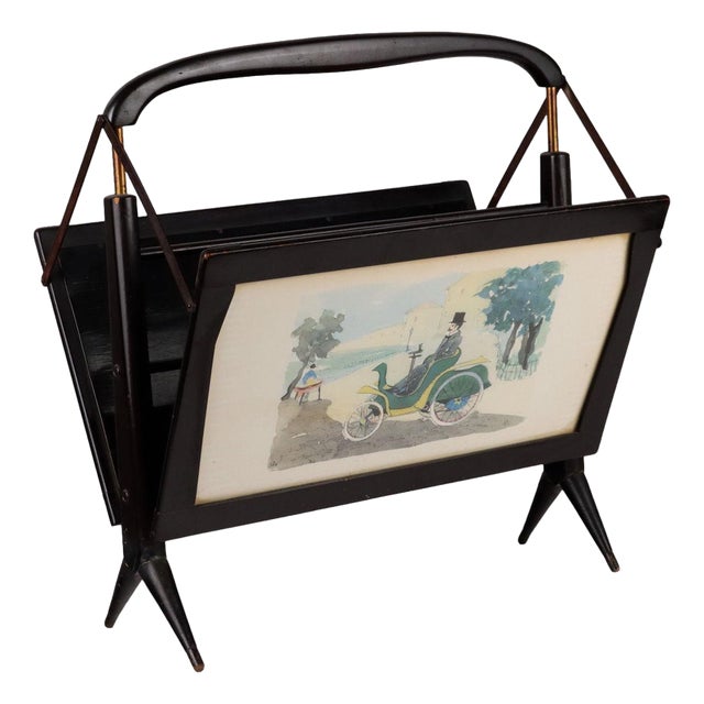 Vintage Folding Magazine Rack in Wood and Brass, 1950s For Sale