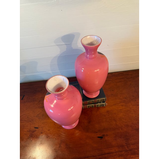 Victorian Large, Hand Painted, Pair of Bristol Glass Vases, Late 1800s For Sale - Image 3 of 8