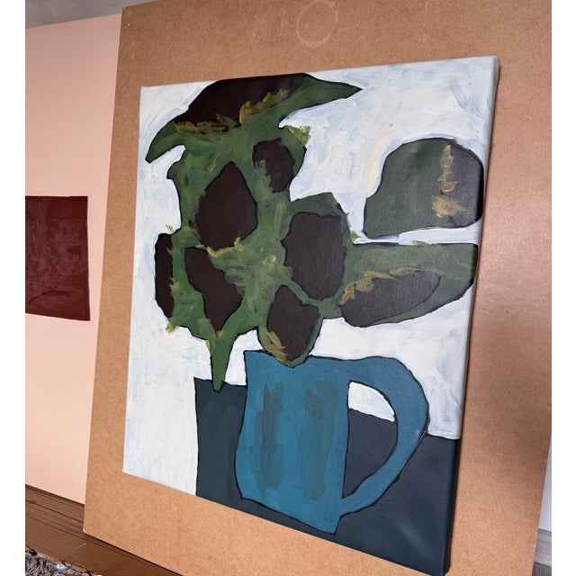 2020s Original Abstract Still Life Acrylic Painting on Canvas, Minimalist Sunflowers in Blue Vase Wall Art, Modern Floral Fine Art For Sale - Image 5 of 6