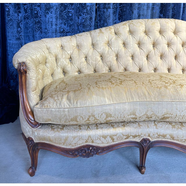 Vintage French Button Back Tufted Sofa With Gold Damask Fabric For Sale - Image 4 of 13