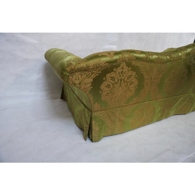 Pair of Custom Curved Back Tufted Damask Sofas Includes Additional Silk Velvet Slipcovers For Sale - Image 4 of 18