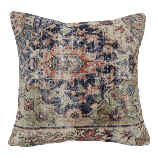 Vintage Wool Rug Cushion With Floral Pattern -Bohemian Rug Pillow in Navy & Green Palette - 20'' X 20'' For Sale