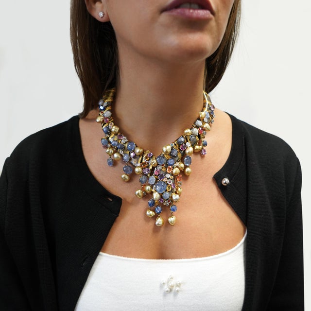 Metal 1970s 100 Carat Mixed Multi-Gem Avant-Garde Statement Necklace in 18k Gold For Sale - Image 7 of 9
