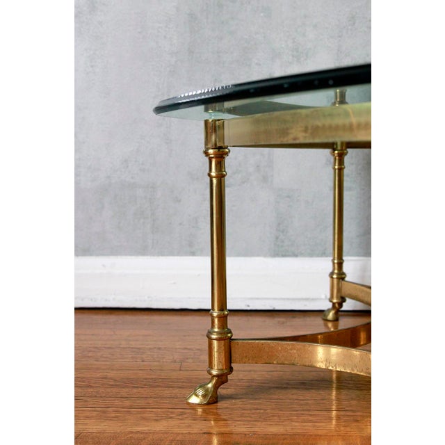 1960s Hollywood Regency Brass Hoof Base With Hexagonal Glass Cocktail Table For Sale - Image 4 of 7