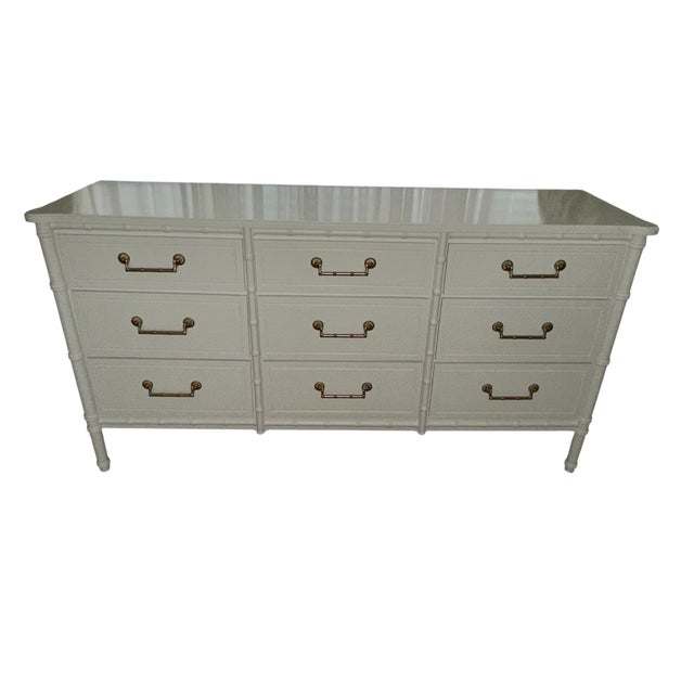 This solid wood faux bamboo Bali Hai style nine drawer low boy or dresser is freshly lacquered in Benjamin Moore’s Swiss...