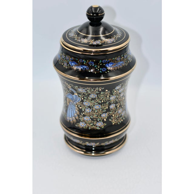 1970s 1970s Anapale Greece Back Lidded Canister Jar 24k Gilded Hand Painted Peacock Birds For Sale - Image 5 of 9