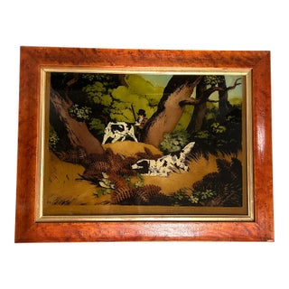 1950’s Original “Pheasant Shooting Il” With Dogs Reverse Print on Glass in Birdseye Maple Frame For Sale