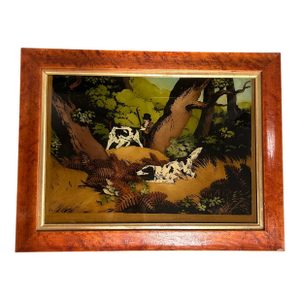 1950’s Original “Pheasant Shooting Il” With Dogs Reverse Print on Glass in Birdseye Maple Frame