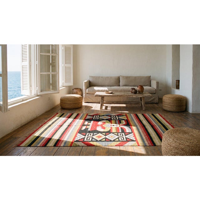 1940s Multicolor Figure Striped Zapotec Antique Mexican Knotted Rug 4' 5"x 6' 2" Wool Carpet For Sale - Image 9 of 9