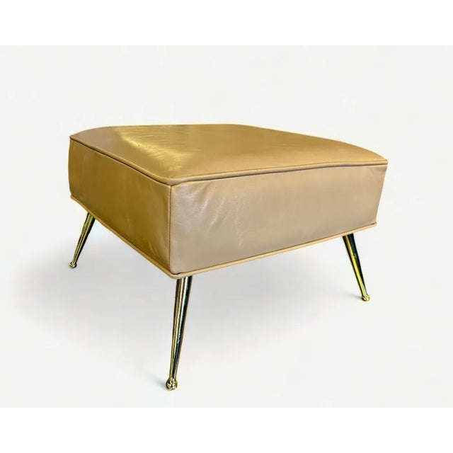 Montage Pair of Stools in Camel Italian Leather With Solid Brass Legs With Ball Feet For Sale - Image 4 of 7