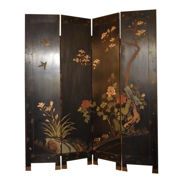 Mid 20th Century Chinese Black Lacquer Coromandel Folding Screen in Four Sections For Sale