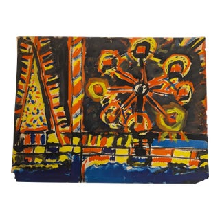 Vintage Expressionist Coney Island Wonder Wheel Painting, Acrylic on Paper For Sale