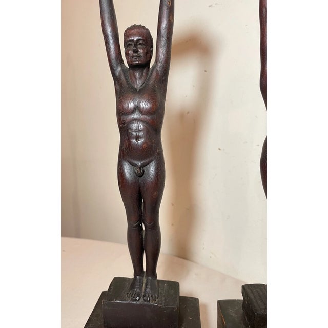 1920s Pair of Antique Carved Newcombe Wood Nude Lady Man Sculpture Candlestick Statue For Sale - Image 5 of 16