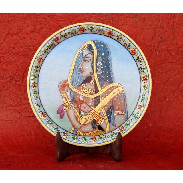 2020s Marble Handicraft Plate Rajasthani Women Bani Thani Tribal Ethnic Hand Painted For Sale - Image 5 of 8