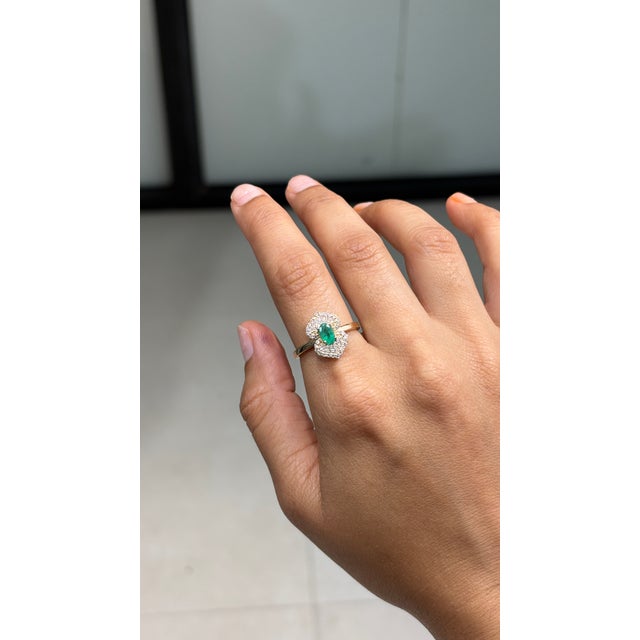 Art Deco 19th Revival Style Emerald Art Deco Ring With Cluster Diamonds Size 8 in 14k Gold For Sale - Image 3 of 17