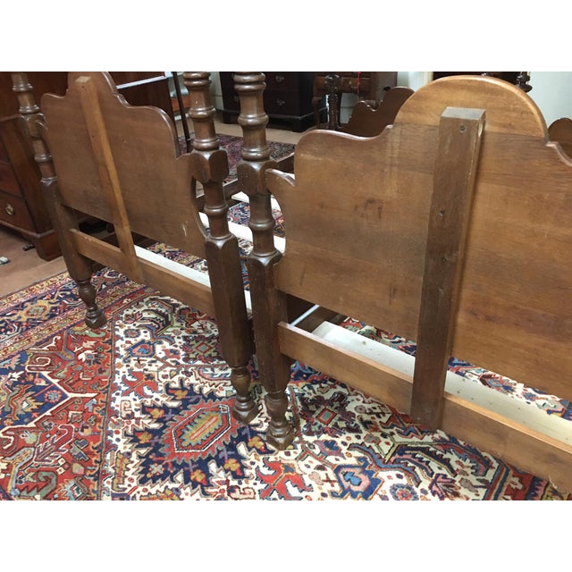 Wood Pair American Sheraton Mahogany Twin Beds With Fancy Scalloping & Turned Posts For Sale - Image 7 of 11