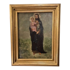 Signed Baroque Oil – Saint Joseph With Infant Jesus, Gilded Frame, 18th Century.
