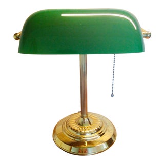 1980s Vintage Emeraldite Shade Brass Banker Lamp For Sale